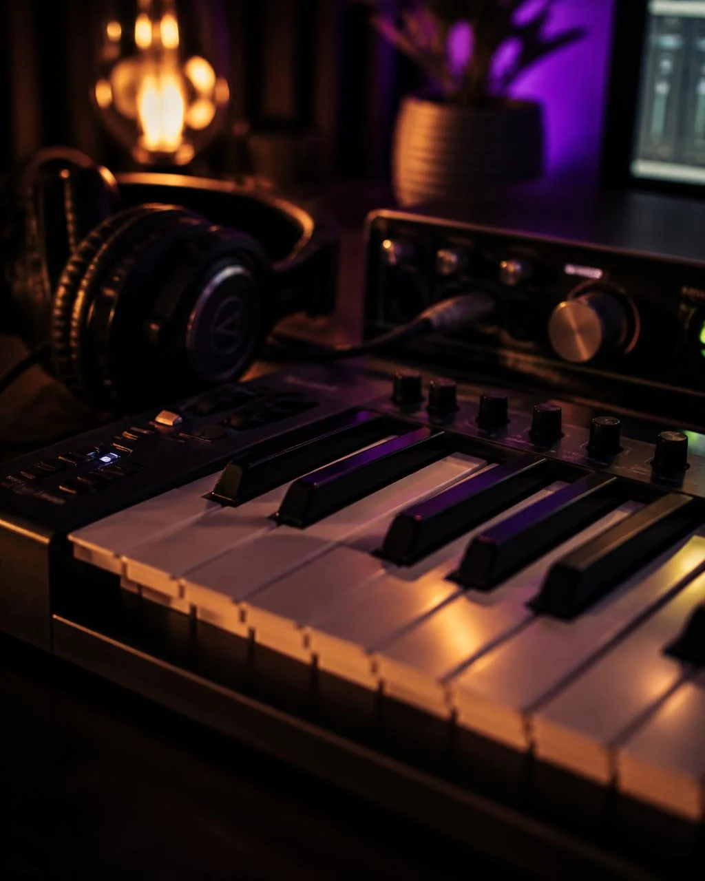 MIDI keyboard, headphones, and audio interface in the 12Keyz studio