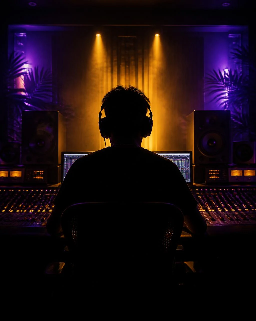 Trevor Coleman working at the studio console with headphones on